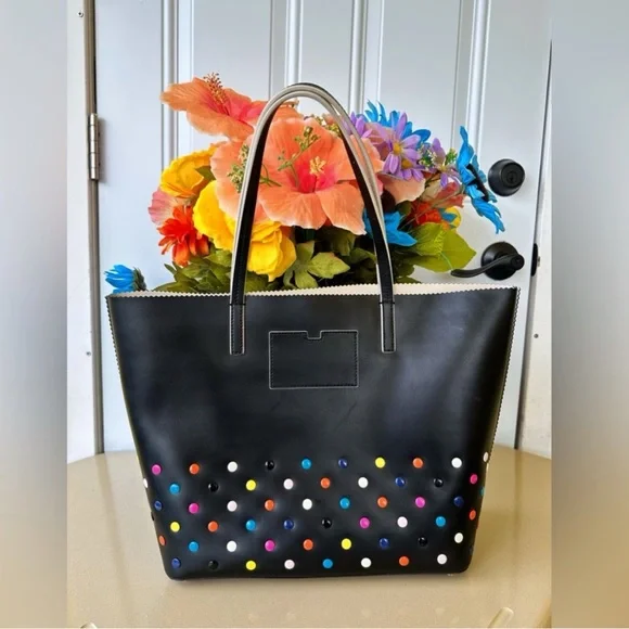 Kate Spade NEW Black Leather Multicolor Dots Tote Bag, Dust Bag Included